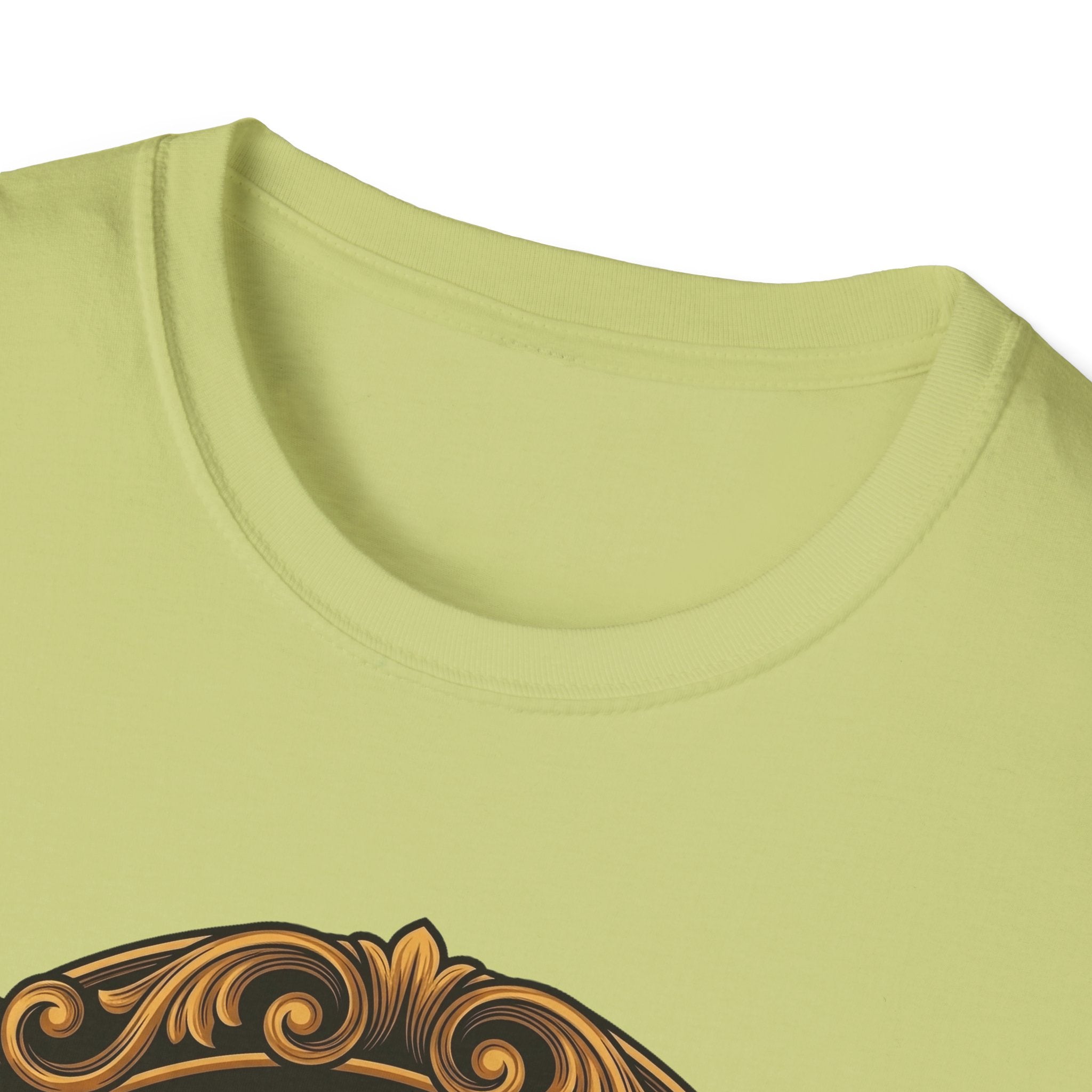 Let Go Let Dog Pug T-Shirt close-up detail on sage green, showing the top portion of the ornate gold-framed halo pug graphic and fabric texture.