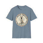 I Stand Amazed Belgian Malinois T-Shirt in steel blue, flat lay front view featuring a vintage-style circular graphic of a Belgian Malinois with a halo, with the text 'I Stand Amazed in the Presence of Dog.'