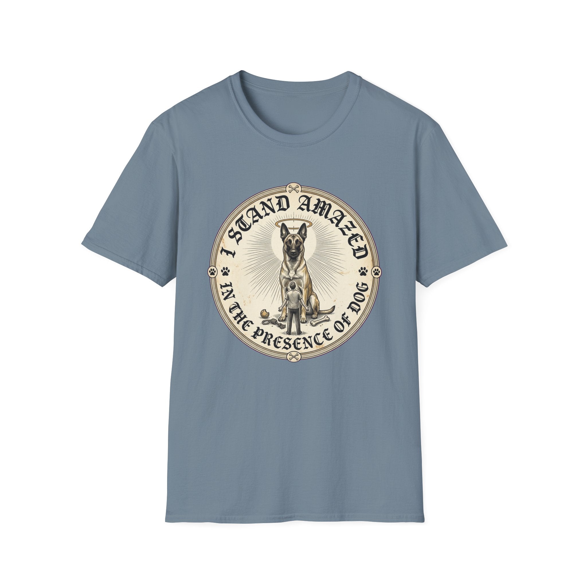 I Stand Amazed Belgian Malinois T-Shirt in steel blue, flat lay front view featuring a vintage-style circular graphic of a Belgian Malinois with a halo, with the text 'I Stand Amazed in the Presence of Dog.'