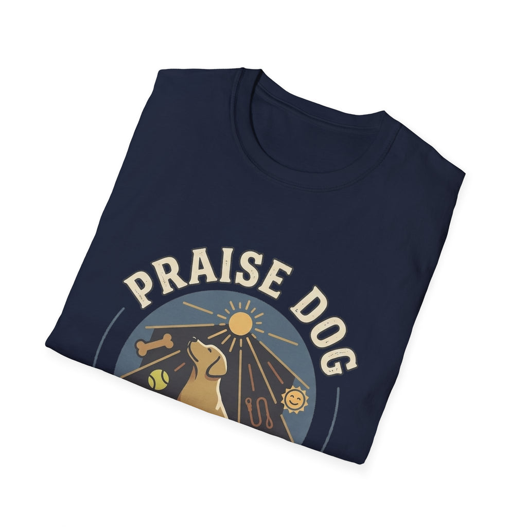 Praise Dog From Whom All Blessings Flow Labrador T-Shirt folded view in navy blue, showing the Praise Dog sunburst badge graphic with a golden Labrador at center.
