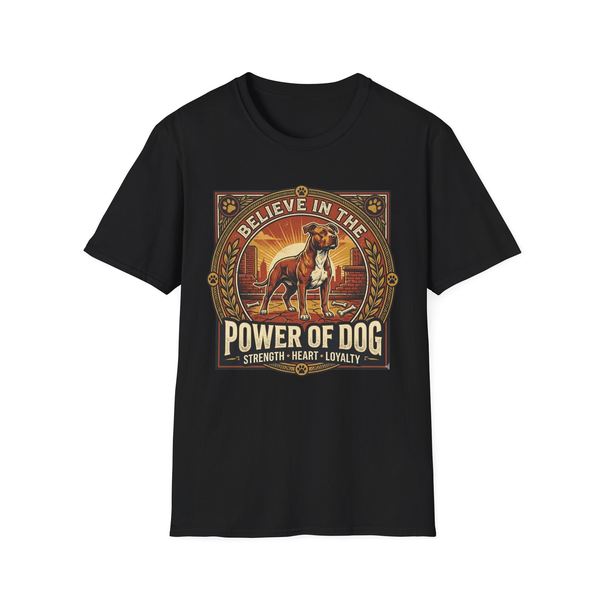 Believe in the Power of Dog Pitbull Cityscape T-Shirt in black, flat lay, featuring a retro-style badge graphic of a muscular brown and white Pitbull standing proudly before a warm urban cityscape at sunset, with text reading Believe in the Power of Dog and Strength, Heart, Loyalty.