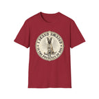 I Stand Amazed Belgian Malinois T-Shirt in cardinal red, flat lay front view featuring a vintage-style circular graphic of a Belgian Malinois with a halo, with the text 'I Stand Amazed in the Presence of Dog.'