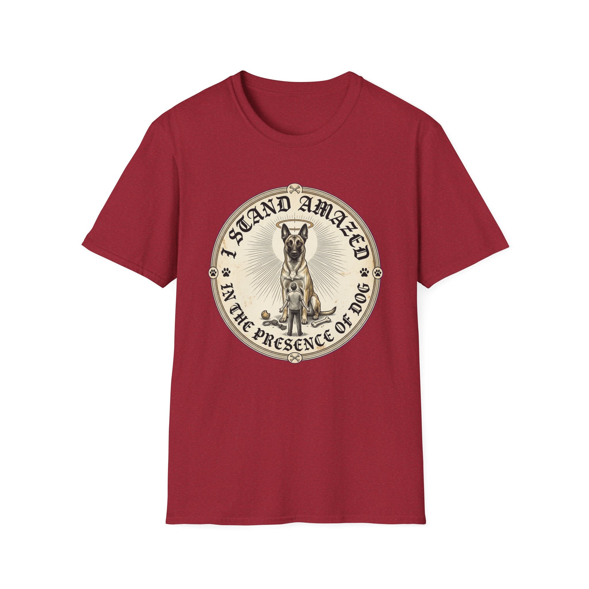 I Stand Amazed Belgian Malinois T-Shirt in cardinal red, flat lay front view featuring a vintage-style circular graphic of a Belgian Malinois with a halo, with the text 'I Stand Amazed in the Presence of Dog.'