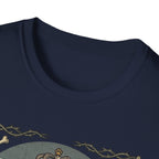 For the Love of Dog Whippet T-Shirt close-up detail of the collar and top of the graphic on a black shirt showing the ornate thorn border and dog crown.