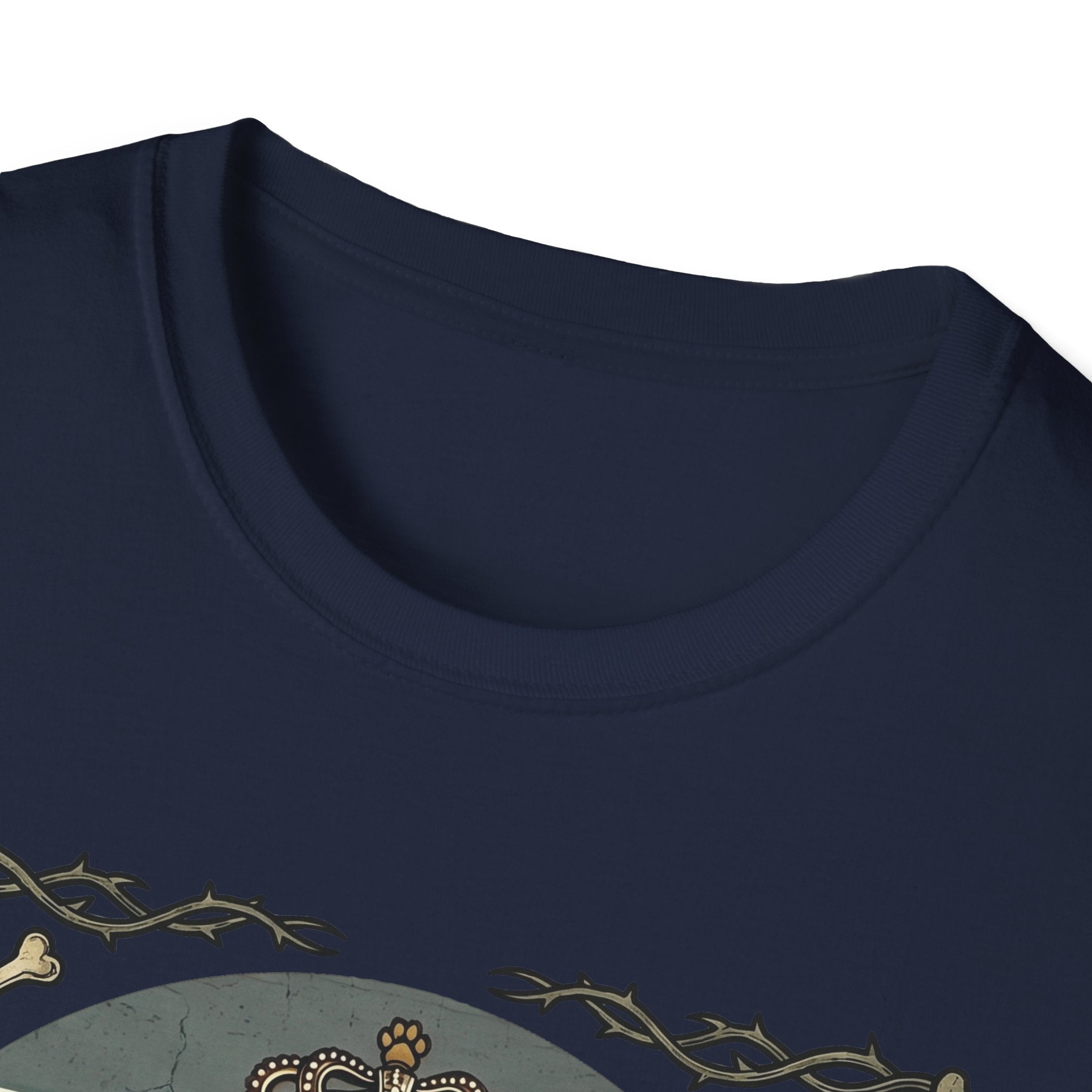 For the Love of Dog Whippet T-Shirt close-up detail of the collar and top of the graphic on a black shirt showing the ornate thorn border and dog crown.