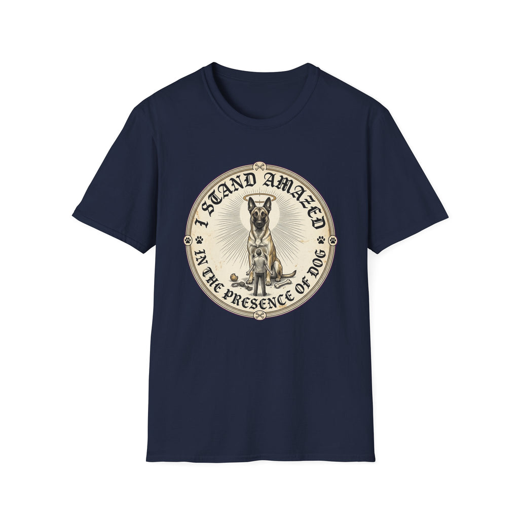 I Stand Amazed Belgian Malinois T-Shirt in navy, flat lay front view featuring a vintage-style circular graphic of a Belgian Malinois with a halo, with the text 'I Stand Amazed in the Presence of Dog.'