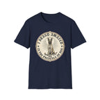 I Stand Amazed Belgian Malinois T-Shirt in navy, flat lay front view featuring a vintage-style circular graphic of a Belgian Malinois with a halo, with the text 'I Stand Amazed in the Presence of Dog.'