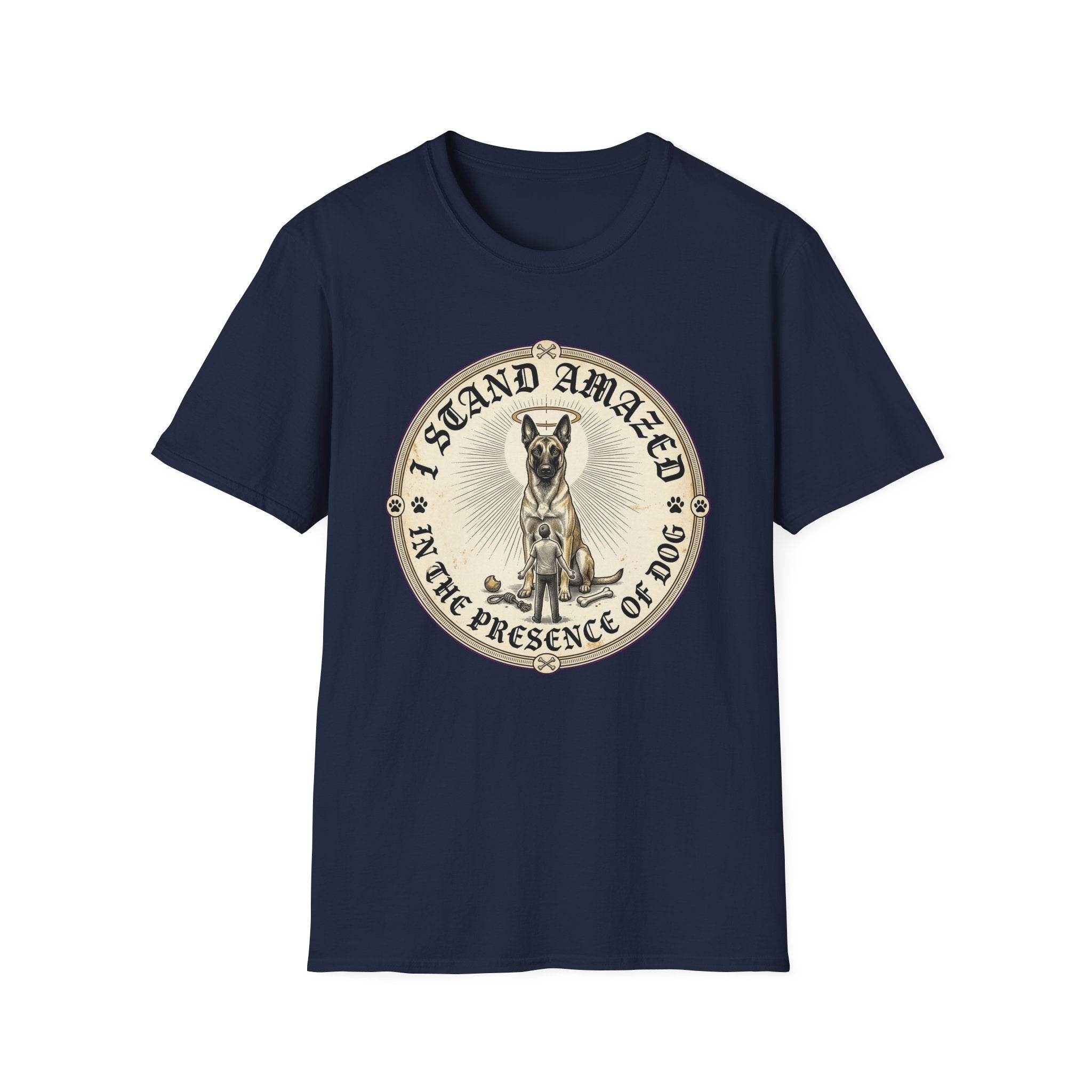 I Stand Amazed Belgian Malinois T-Shirt in navy, flat lay front view featuring a vintage-style circular graphic of a Belgian Malinois with a halo, with the text 'I Stand Amazed in the Presence of Dog.'