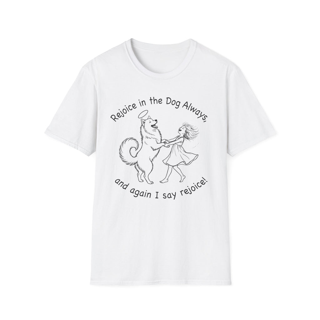 Rejoice in the Dog Samoyed T-Shirt in white, flat lay mockup showing a fluffy white Samoyed with a halo dancing with a woman, line-art illustration with the text 'Rejoice in the Dog Always, and again I say rejoice!'