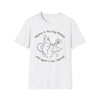 Rejoice in the Dog Samoyed T-Shirt in white, flat lay mockup showing a fluffy white Samoyed with a halo dancing with a woman, line-art illustration with the text 'Rejoice in the Dog Always, and again I say rejoice!'