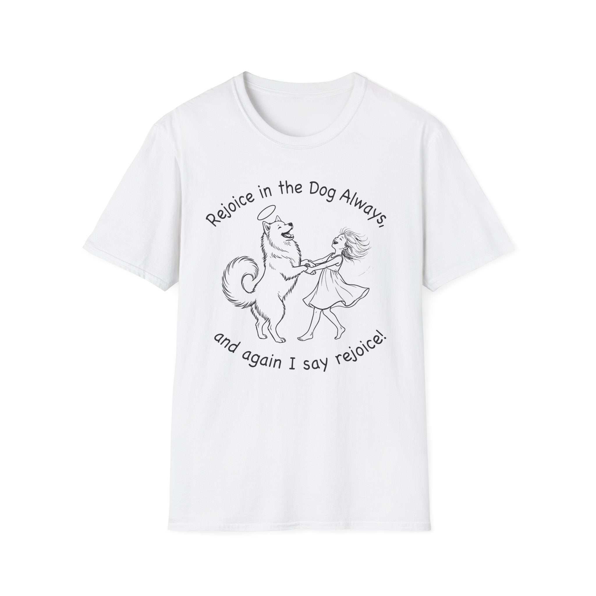 Rejoice in the Dog Samoyed T-Shirt in white, flat lay mockup showing a fluffy white Samoyed with a halo dancing with a woman, line-art illustration with the text 'Rejoice in the Dog Always, and again I say rejoice!'