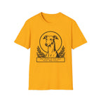 Holy Orders | Greyhound T-Shirt detail view featuring a stained glass style illustration of a Greyhound depicted as a holy figure with a golden halo and the text 'Holy Orders.'