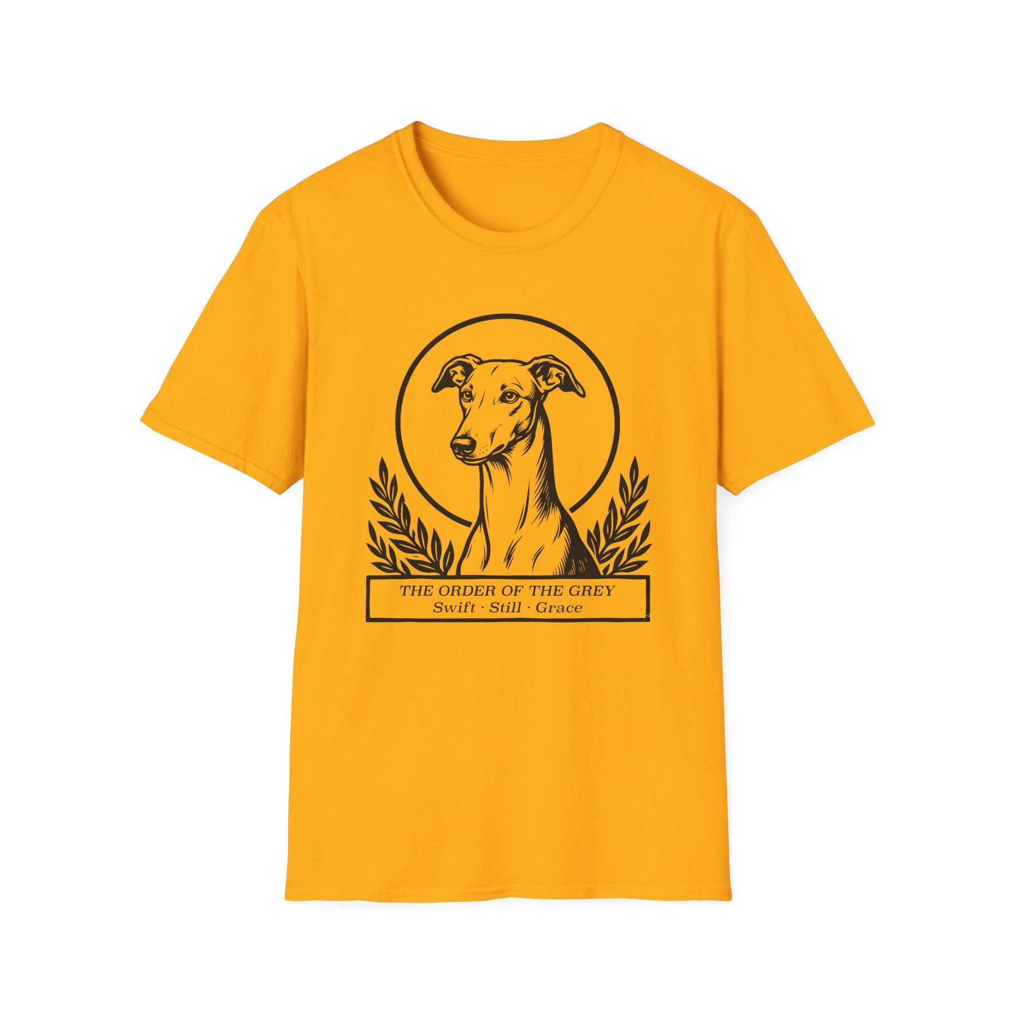 Holy Orders | Greyhound T-Shirt detail view featuring a stained glass style illustration of a Greyhound depicted as a holy figure with a golden halo and the text 'Holy Orders.'
