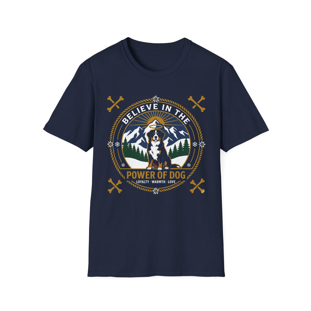 Believe in the Power of Dog Bernese T-Shirt in navy, flat lay view showing a circular badge graphic with a halo-wearing Bernese Mountain Dog set against a mountain and forest landscape, with crossed bones and the words 'Loyalty Warmth Love'.
