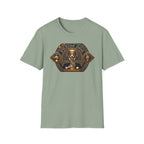 Praise Dog From Whom All Blessings Flow Corgi T-Shirt flat lay in sage green, featuring an ornate medieval stained-glass style graphic of a regal corgi seated in a jewel-encrusted octagonal frame with gold gothic lettering and dog bone and tennis ball accents.