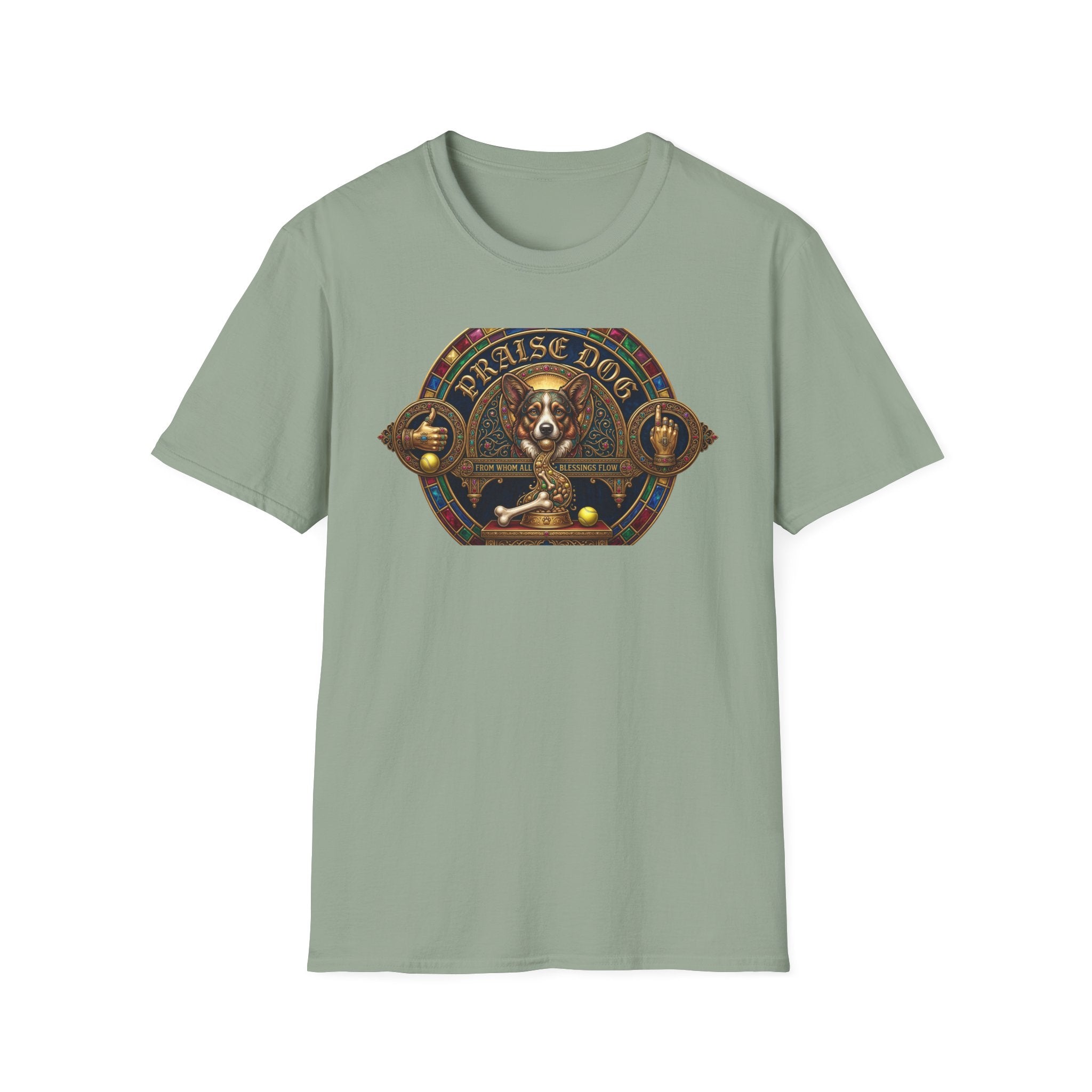 Praise Dog From Whom All Blessings Flow Corgi T-Shirt flat lay in sage green, featuring an ornate medieval stained-glass style graphic of a regal corgi seated in a jewel-encrusted octagonal frame with gold gothic lettering and dog bone and tennis ball accents.