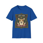 Let Go Let Dog Corgi T-Shirt in royal blue, flat lay, featuring an ornate heraldic shield badge with a crowned corgi raising both paws and the text 'Let Go / And Let Dog'.