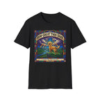 How Great Thou Bark Golden Retriever T-shirt flat lay, black shirt featuring a stained-glass style graphic of a golden retriever on a hilltop with dramatic sunbeams and the text 'How Great Thou Bark – A Hymn for the Devoted.'