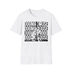 Dogma House Dalmatian T-Shirt flat lay in white, featuring a bold black graphic of a seated Dalmatian overlaid on a repeating 'Dogma House' text block in a street-art style.