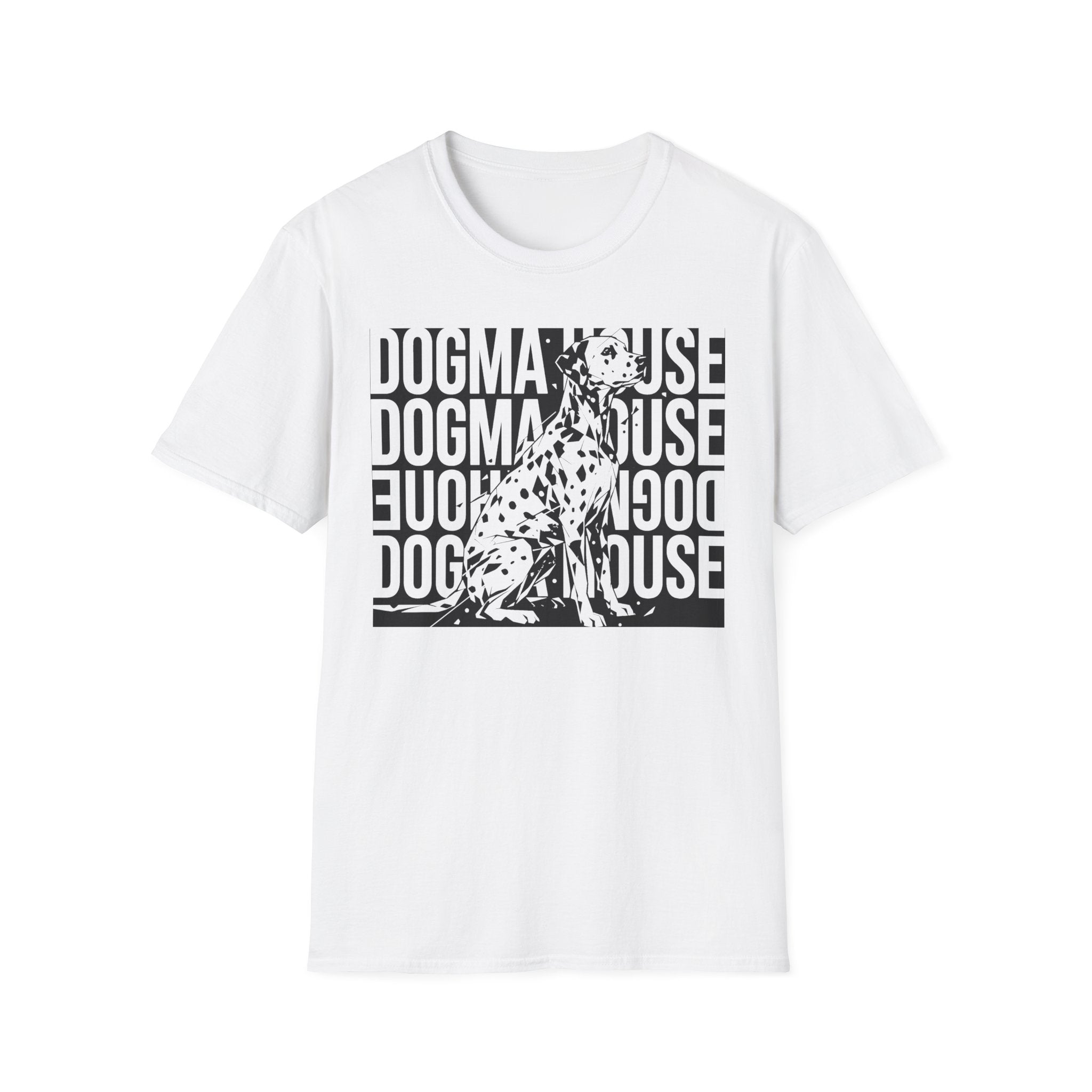 Dogma House Dalmatian T-Shirt flat lay in white, featuring a bold black graphic of a seated Dalmatian overlaid on a repeating 'Dogma House' text block in a street-art style.