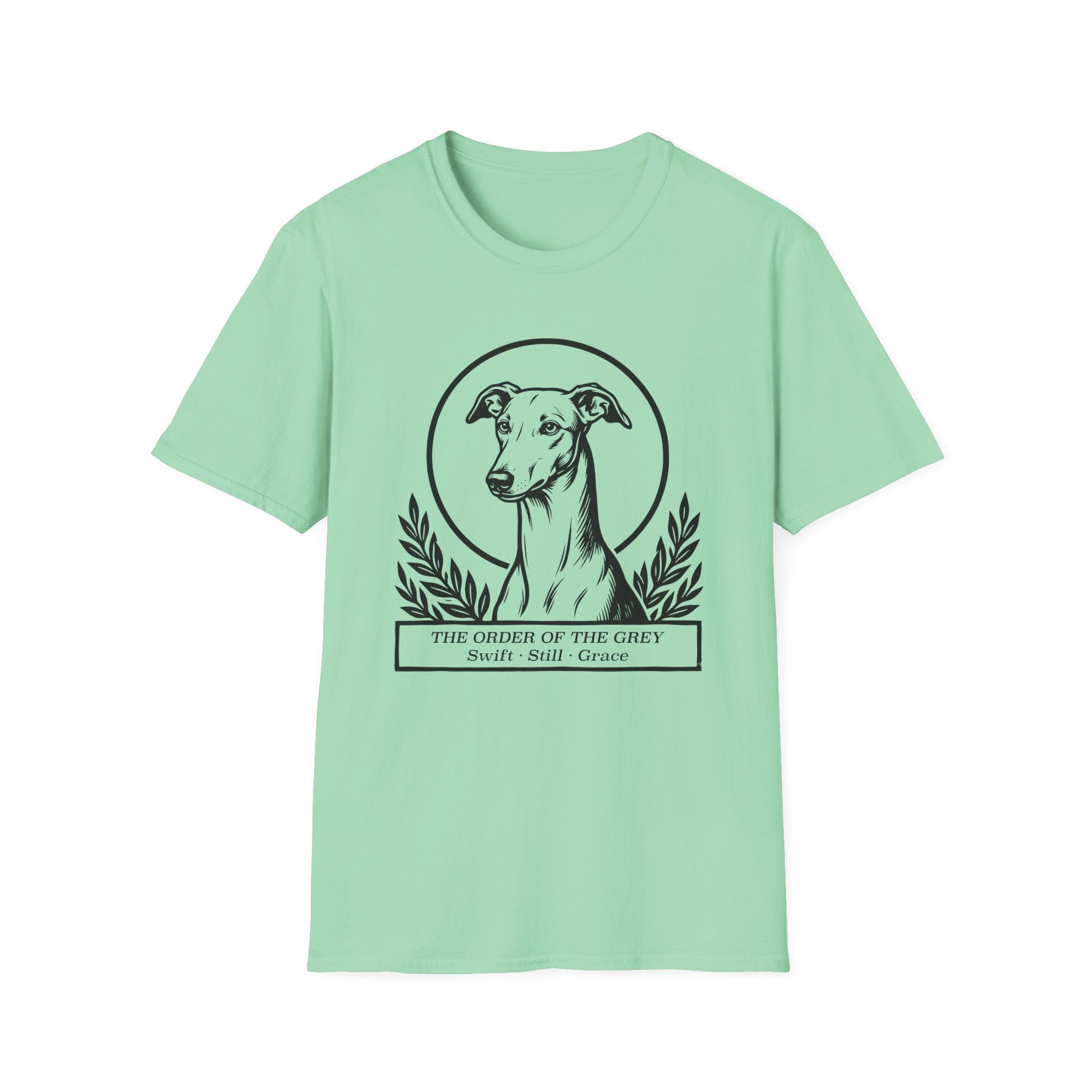 Holy Orders | Greyhound T-Shirt flat lay on sage green shirt featuring a stained glass style illustration of a Greyhound depicted as a holy figure with a golden halo and the text 'Holy Orders.'