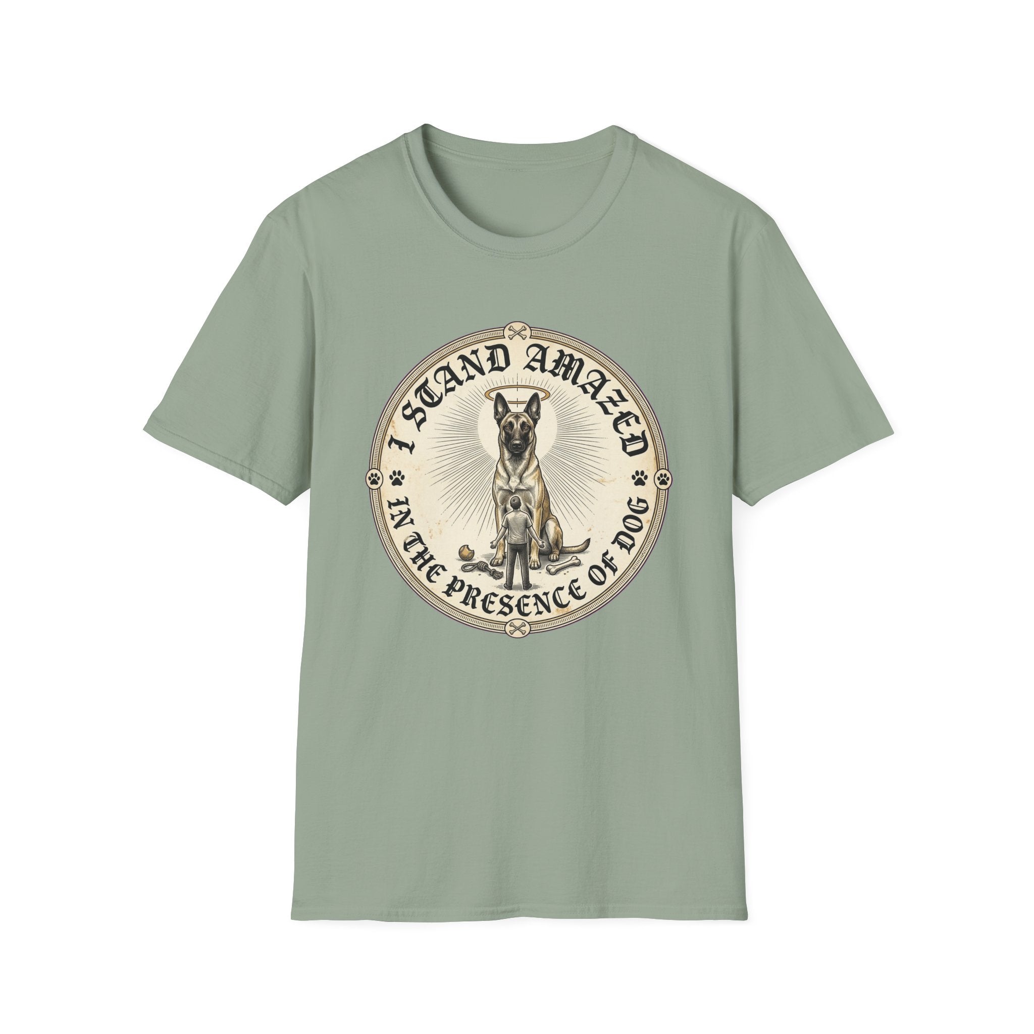 I Stand Amazed Belgian Malinois T-Shirt in sage green, flat lay front view featuring a vintage-style circular graphic of a Belgian Malinois with a halo, with the text 'I Stand Amazed in the Presence of Dog.'