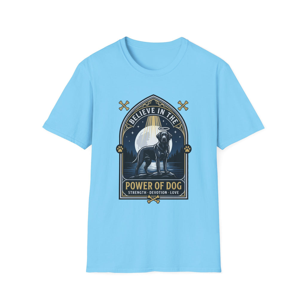 Believe in the Power of Dog Black Lab T-Shirt in light blue, flat lay view showing a gothic arch-framed graphic of a halo-wearing black Labrador standing under a full moon with a starry night sky, paw prints, crossed bones, and the words 'Strength Devotion Love'.