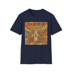 Believe in the Power of Dog Retro T-Shirt flat lay in navy, featuring a vintage 70s-style graphic of a fluffy dog face surrounded by swirling florals and rainbow rays with groovy lettering.