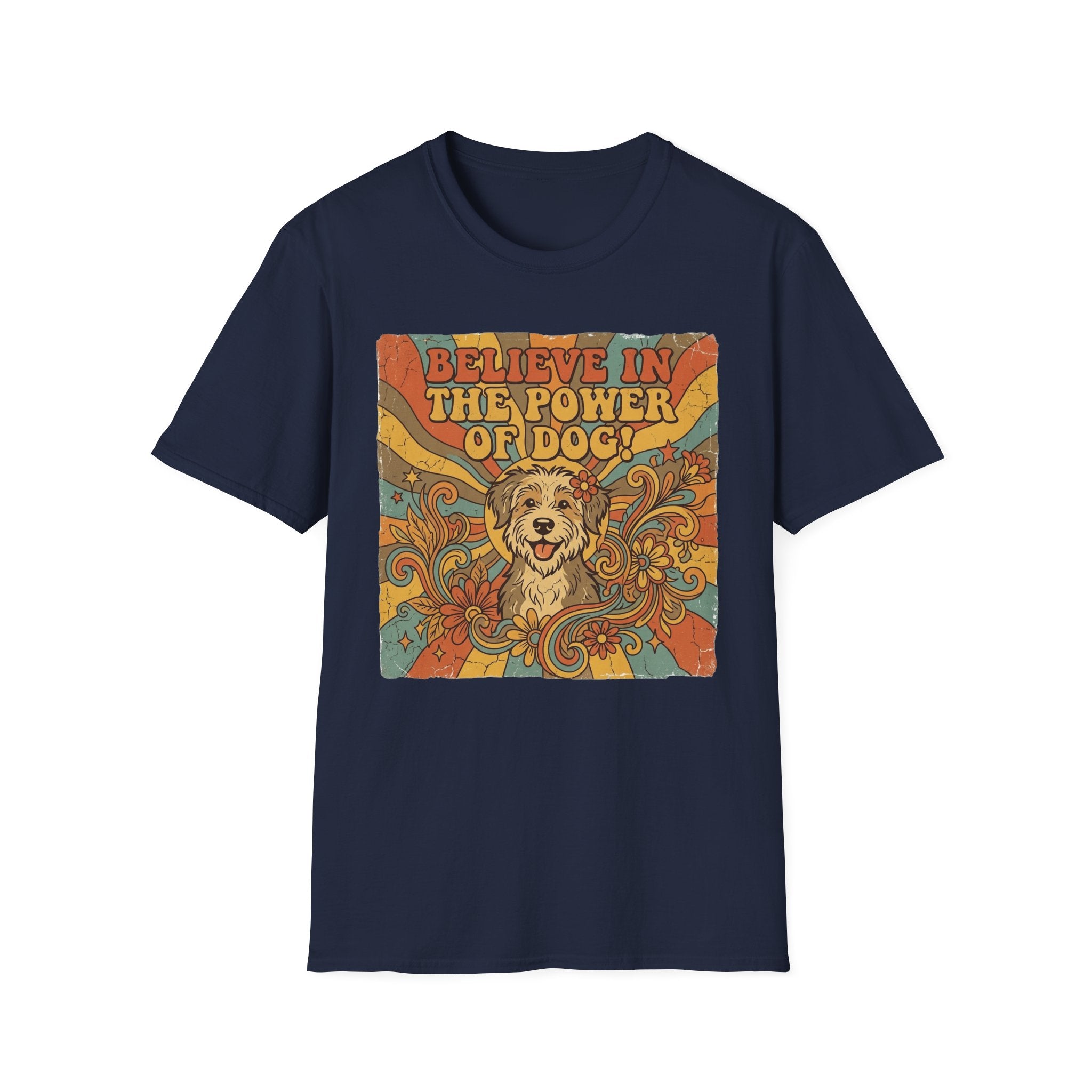 Believe in the Power of Dog Retro T-Shirt flat lay in navy, featuring a vintage 70s-style graphic of a fluffy dog face surrounded by swirling florals and rainbow rays with groovy lettering.