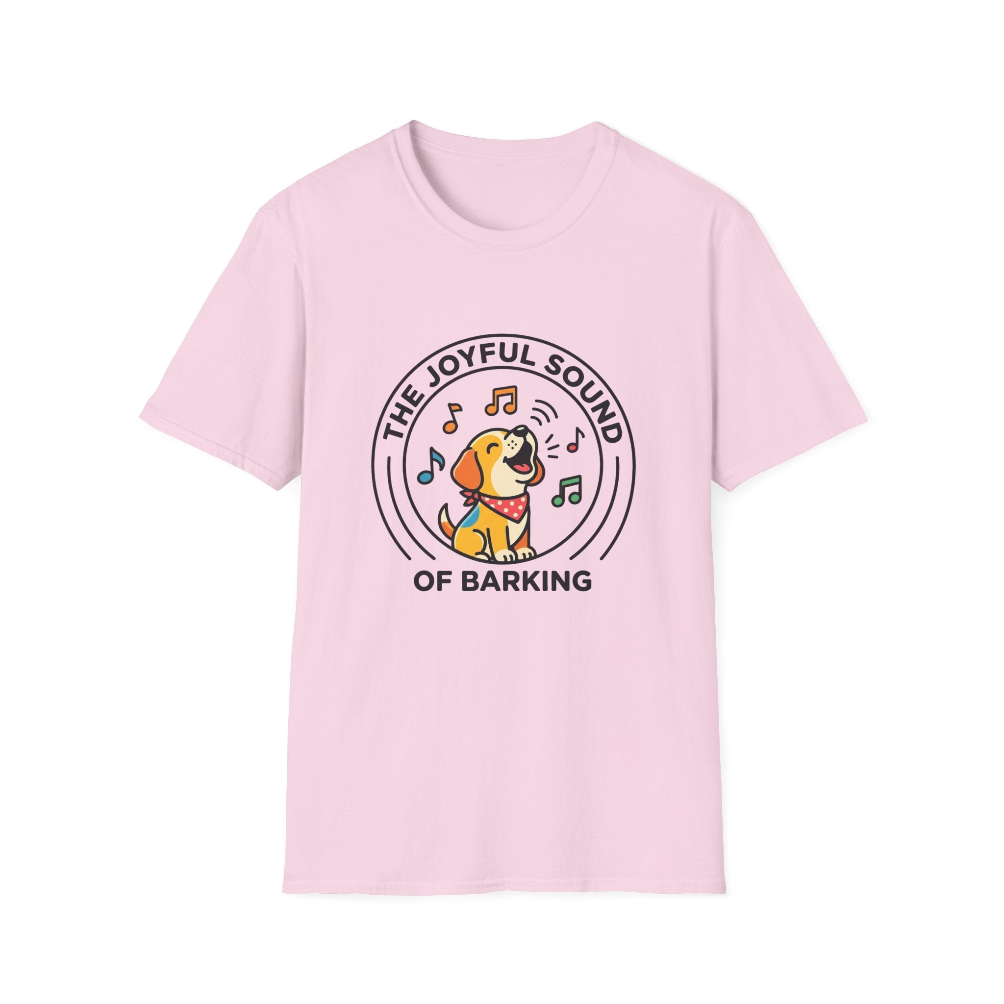 The Joyful Sound of Barking T-shirt flat lay, light pink shirt featuring a circular badge graphic of a cartoon yellow dog with a red bandana howling joyfully with musical notes and the text 'The Joyful Sound of Barking.'