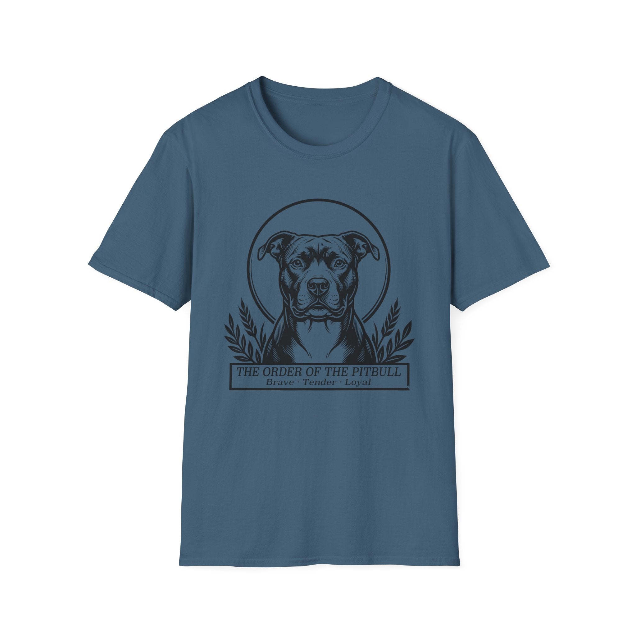 Holy Orders | Pitbull T-Shirt flat lay on white shirt featuring a stained glass style illustration of a Pitbull depicted as a holy figure with a golden halo and the text 'Holy Orders.'