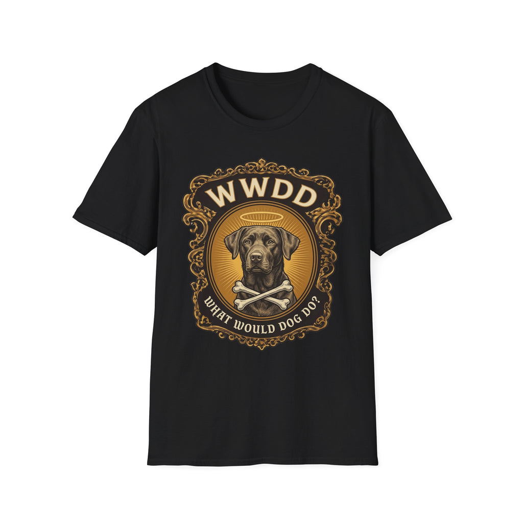 What Would Dog Do Chocolate Lab T-Shirt flat lay on black, featuring an ornate gold WWDD badge with a halo-wearing chocolate Labrador and crossbones and the text 'What Would Dog Do?'