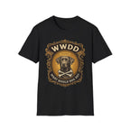 What Would Dog Do Chocolate Lab T-Shirt flat lay on black, featuring an ornate gold WWDD badge with a halo-wearing chocolate Labrador and crossbones and the text 'What Would Dog Do?'