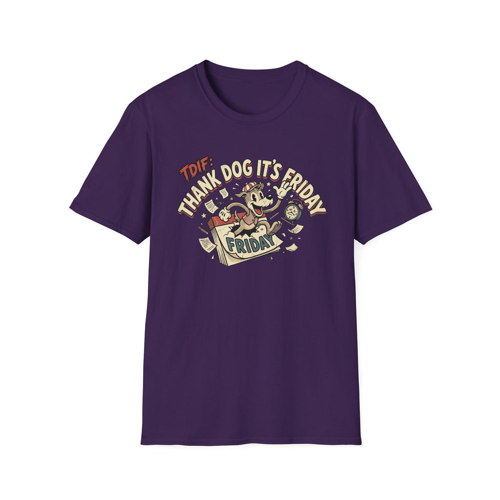 Thank Dog It's Friday T-Shirt flat lay on purple shirt featuring a retro cartoon dog bursting through a Friday calendar with TDIF: Thank Dog It's Friday graphic.