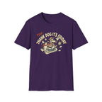 Thank Dog It's Friday T-Shirt flat lay on purple shirt featuring a retro cartoon dog bursting through a Friday calendar with TDIF: Thank Dog It's Friday graphic.