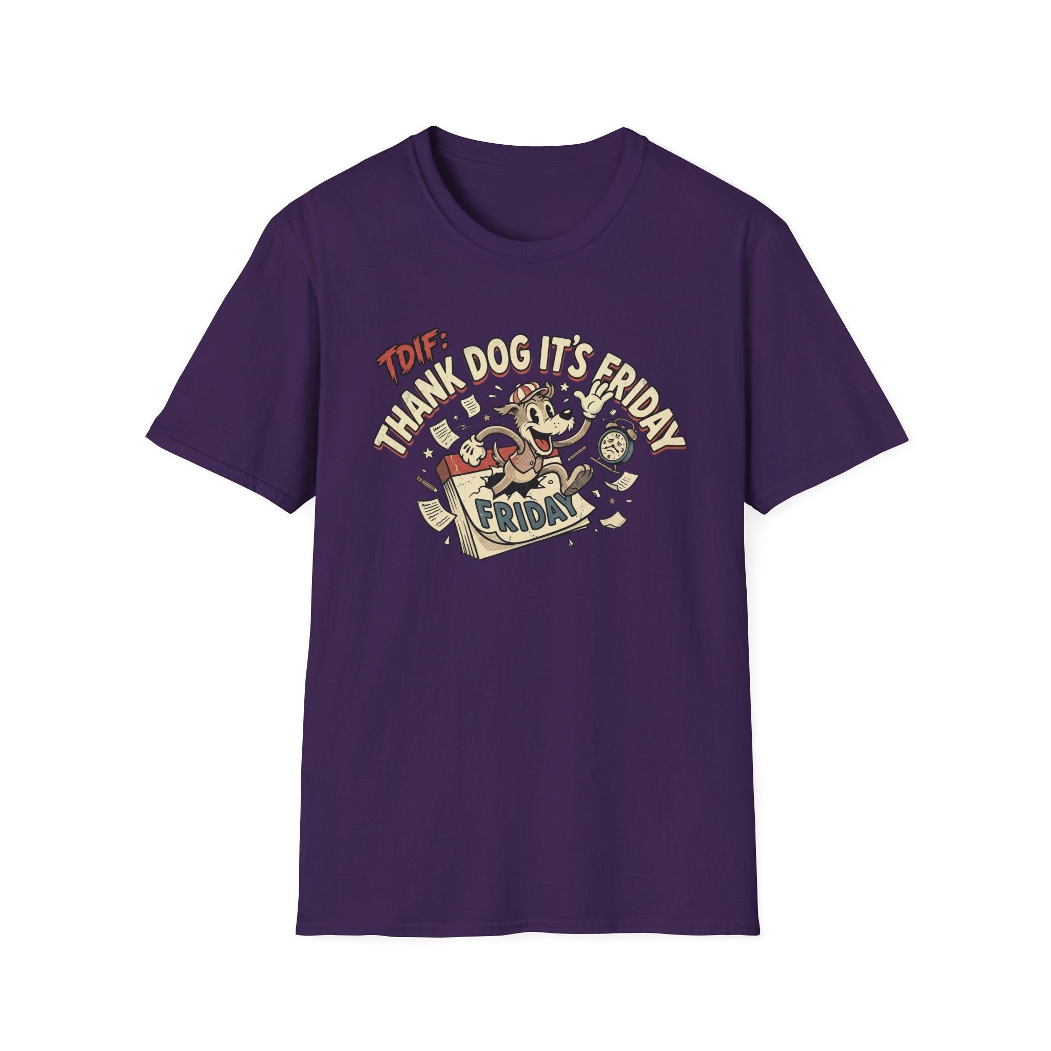 Thank Dog It's Friday T-Shirt flat lay on purple shirt featuring a retro cartoon dog bursting through a Friday calendar with TDIF: Thank Dog It's Friday graphic.