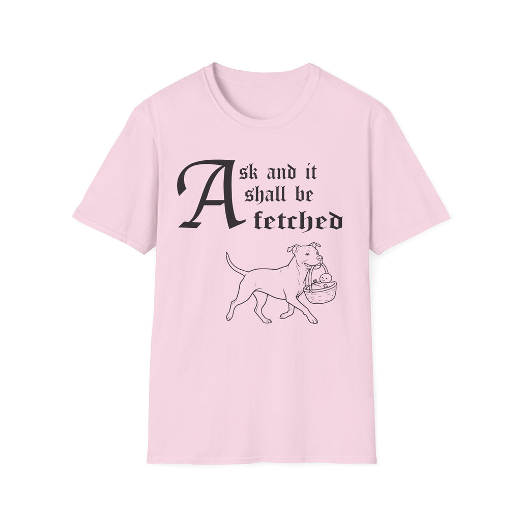 Pitbull Ask and It Shall Be Fetched T-Shirt flat lay on white shirt featuring a Shel Silverstein-style pen-and-ink illustration of a Pitbull proudly trotting with a baby in a reed basket and the text 'Ask and it shall be fetched.'
