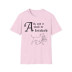 Pitbull Ask and It Shall Be Fetched T-Shirt flat lay on white shirt featuring a Shel Silverstein-style pen-and-ink illustration of a Pitbull proudly trotting with a baby in a reed basket and the text 'Ask and it shall be fetched.'
