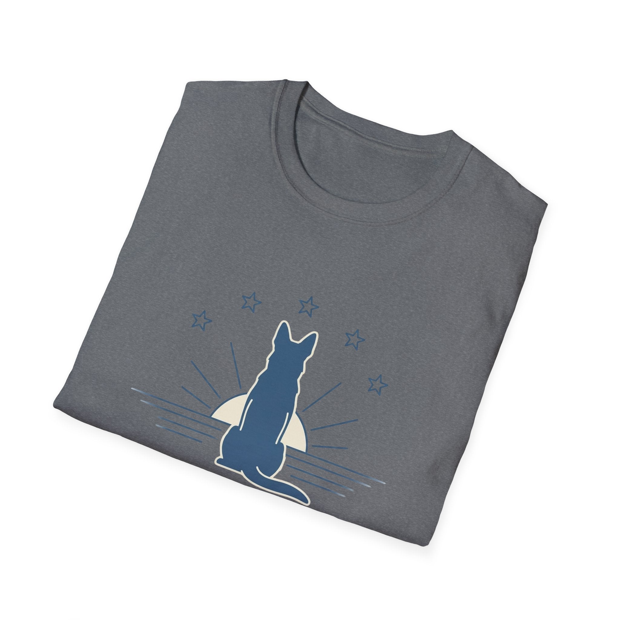 One Nation Under Dog T-Shirt in heather gray, closeup detail of the neckline and top of the chest showing the outline star graphic and clean stitching.