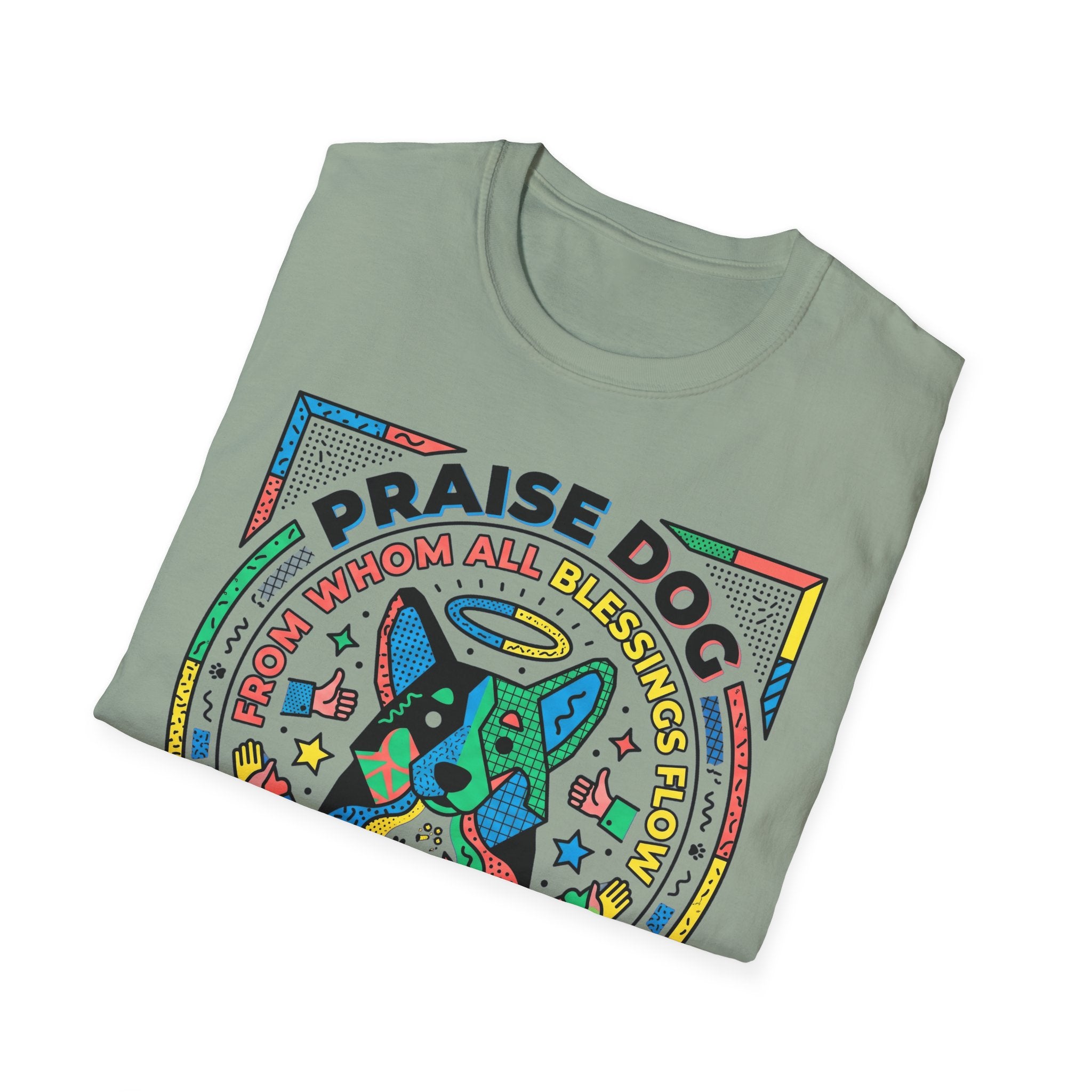 Praise Dog From Whom All Blessings Flow Geometric T-Shirt folded view in sage green, showing the colorful pop-art geometric dog graphic with Praise Dog lettering.