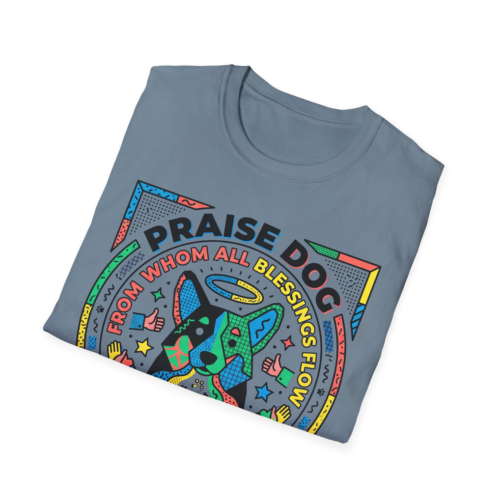Praise Dog From Whom All Blessings Flow Geometric T-Shirt folded view in slate blue, showing the colorful pop-art geometric dog graphic with Praise Dog lettering.