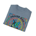 Praise Dog From Whom All Blessings Flow Geometric T-Shirt folded view in slate blue, showing the colorful pop-art geometric dog graphic with Praise Dog lettering.