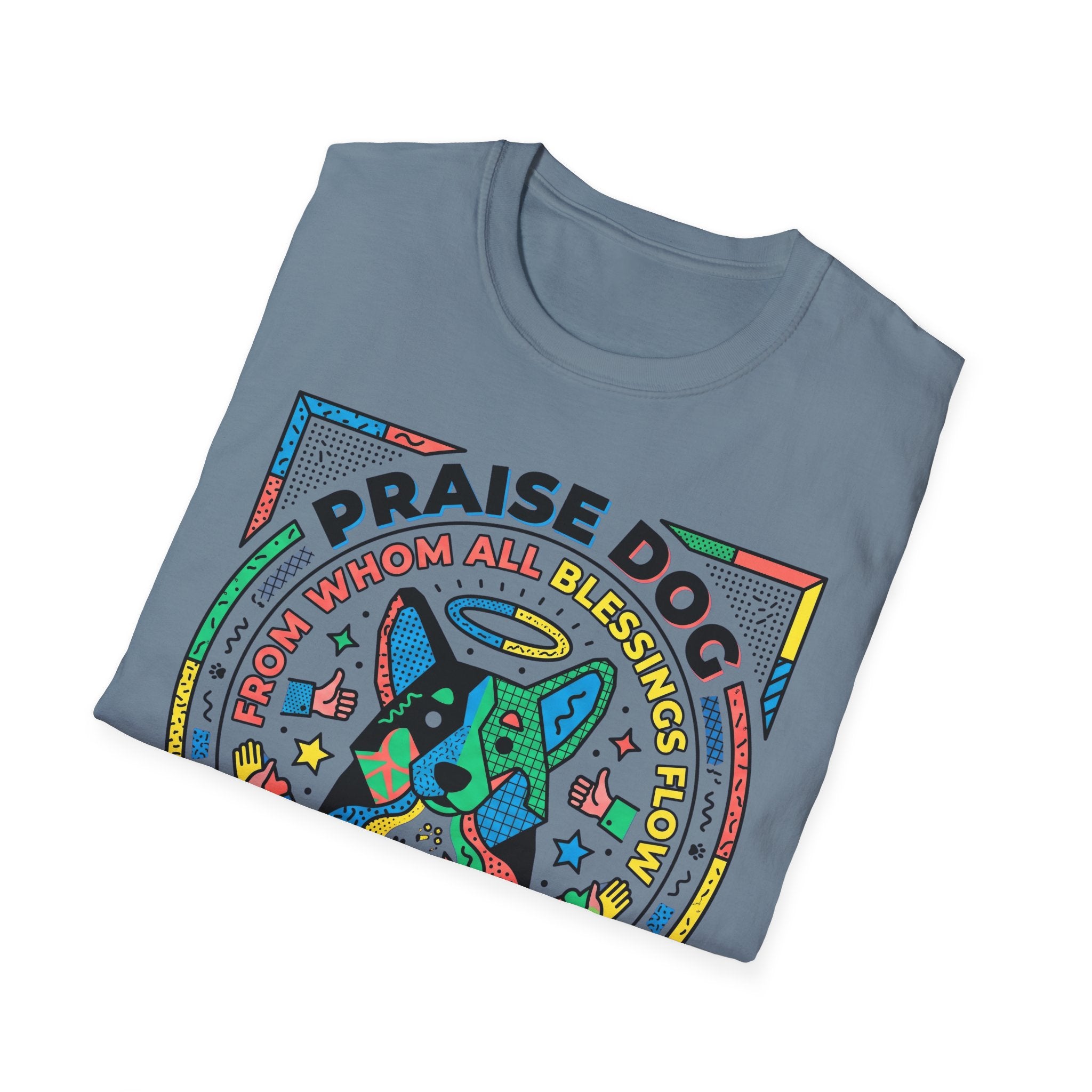 Praise Dog From Whom All Blessings Flow Geometric T-Shirt folded view in slate blue, showing the colorful pop-art geometric dog graphic with Praise Dog lettering.