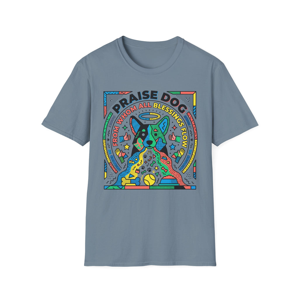 Praise Dog From Whom All Blessings Flow Geometric T-Shirt flat lay in slate blue, featuring a bold pop-art style graphic of a colorful geometric dog with a halo, surrounded by stars, thumbs up, and dog toy icons in vivid primary colors.