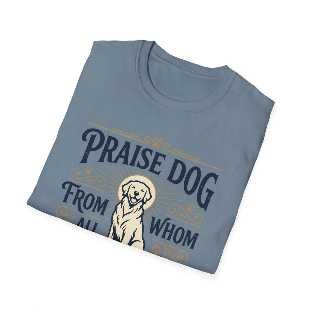 Praise Dog From Whom All Blessings Flow Golden Retriever T-Shirt folded view in slate blue, showing the vintage-style halo golden retriever graphic and Praise Dog lettering.