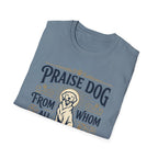 Praise Dog From Whom All Blessings Flow Golden Retriever T-Shirt folded view in slate blue, showing the vintage-style halo golden retriever graphic and Praise Dog lettering.
