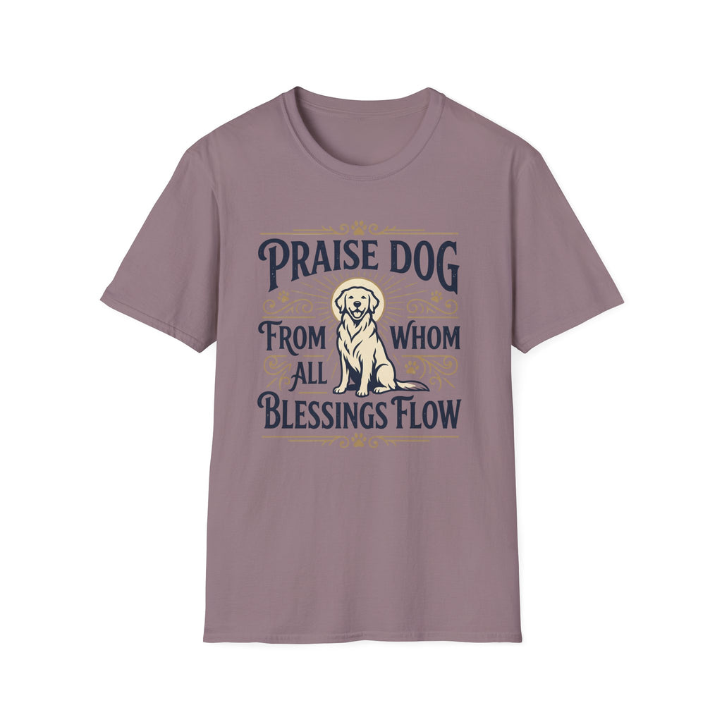 Praise Dog From Whom All Blessings Flow Golden Retriever T-Shirt flat lay in dusty mauve, featuring a vintage-style graphic of a seated golden retriever with a glowing halo, surrounded by ornate scroll flourishes and paw print accents.