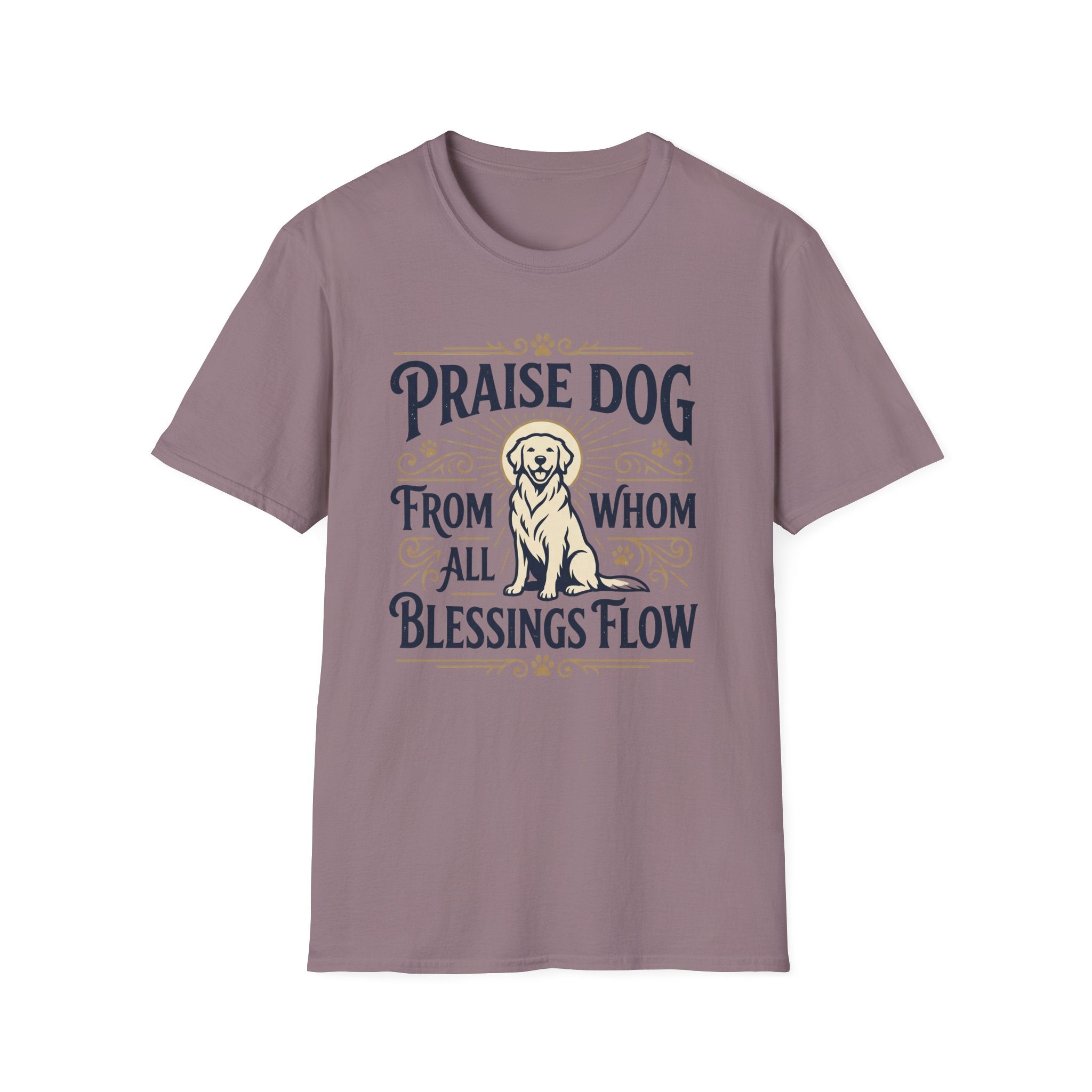 Praise Dog From Whom All Blessings Flow Golden Retriever T-Shirt flat lay in dusty mauve, featuring a vintage-style graphic of a seated golden retriever with a glowing halo, surrounded by ornate scroll flourishes and paw print accents.