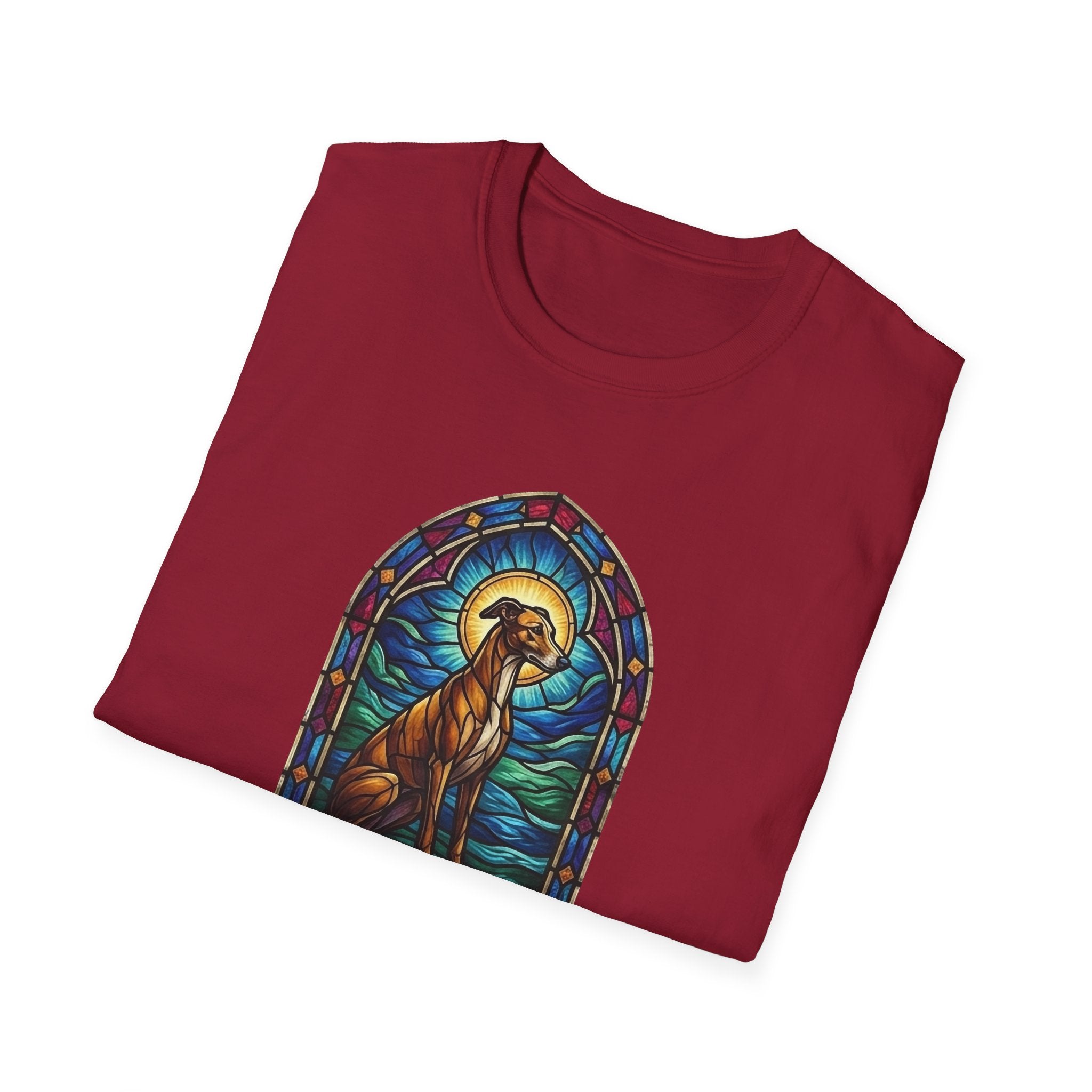 How Great Thou Bark Sight Hound T-shirt folded view, cardinal red shirt showing the stained-glass style arched window graphic of a seated sight hound dog with a halo and 'How Great Thou Bark' text.