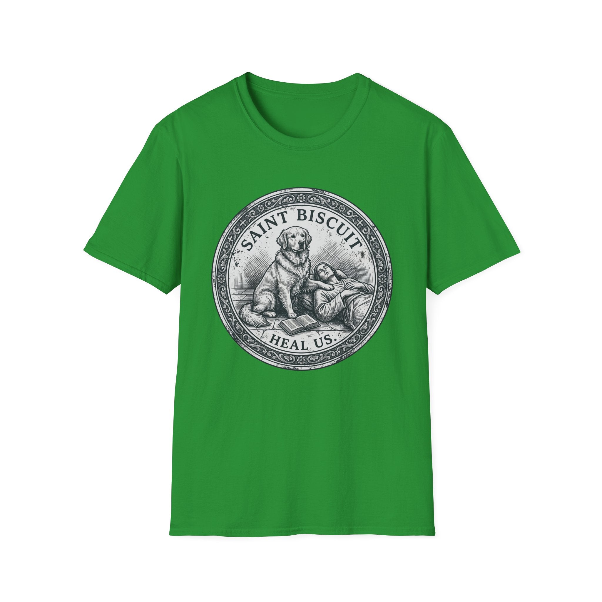 Saint Biscuit Heal Us T-shirt flat lay in green, featuring a vintage-style medallion graphic of a golden retriever dog watching over a reclining figure with the text 'Saint Biscuit Heal Us'.